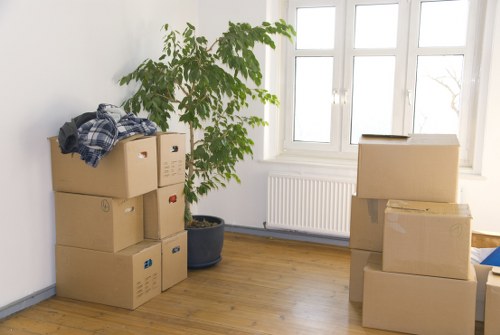 Packed household boxes ready for a move in Dagenham