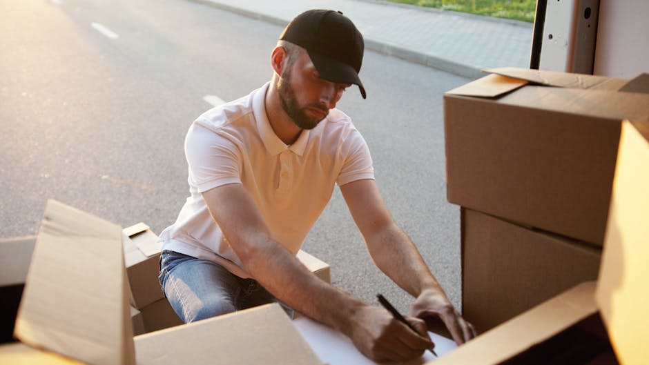 A man wearing a black cap and white polo shirt is kneeling on the pavement next to a partially packed cardboard moving box, inside which he is writing with a black marker. Surrounding him are several